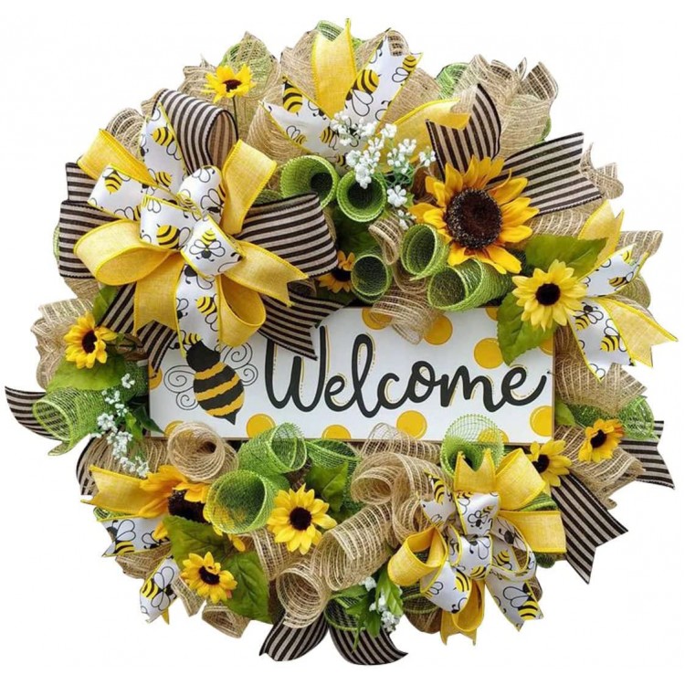 12 Inch Artificial Sunflower Wreaths for Front Door Spring Bee Wreath Rustic Home Decor Garland Summer Wreath for Wall Decorations Bee Wreaths-C