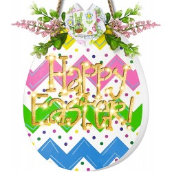 12" Lighted Happy Easter Decorations for Home Easter Wreath Front Door Decor Easter Egg Door Sign with Timer Battery Operated Wooden Hanging Sign Spring Summer Easter Door Decor Home Outdoor Indoor