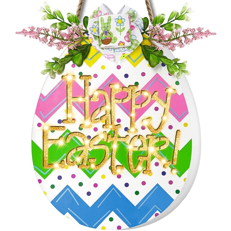 12 Lighted Happy Easter Decorations for Home Easter Wreath Front Door Decor Easter Egg Door Sign with Timer Battery Operated Wooden Hanging Sign Spring Summer Easter Door Decor Home Outdoor Indoor