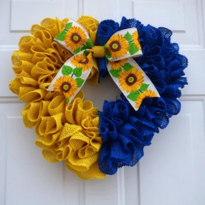 18” Ukraine Flag Sunflower Front Door Wreath,Stand with The Ukrainian People Yellow and Blue Wreath Spring Summer Farmhouse Wreath for Front Door Home Wall Wedding Tabletop Summer Decor
