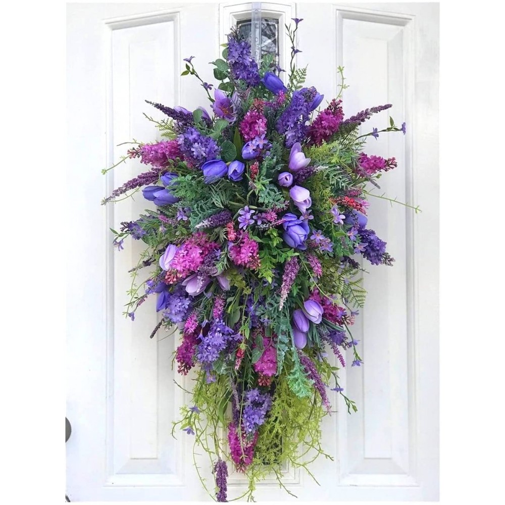 2022 New Spring Front Door Swag Purple Rustic Home Decor Farmhouse Colorful Cottage Wreath Spring Wreaths for Front Door Artificial Flowers Door Wreaths Decoration OneSize 96A3