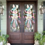 2022 Spring Easter Wreaths Front Door Handmade Artificial Bunny Egg Shape Easter Wreaths with LED Light Rabbit Garland Easter Home Decor Window Wall Pendant 11.7 X 15.6 in H