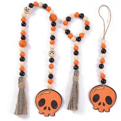 3 Pack Halloween Wooden Beads Garland with Tassel Ghost Pendant Rustic Farmhouse Wooden Beads Wreath for Tiered Tray Decorations Wall Window Hanging Decorative Ornaments Fall Home Decors Supplies