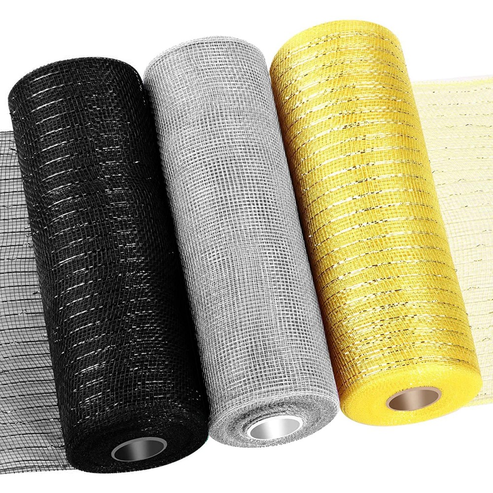 3 Rolls Poly Mesh Ribbon 10 Inch x 30 Feet Each Roll for Wreaths Swags Cloth and Home Decorating Easter Mardi Gras Graduation Birthday Metallic Decor Black Silver Gold