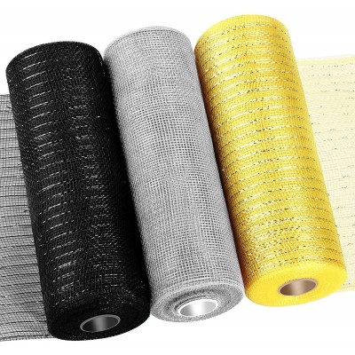 3 Rolls Poly Mesh Ribbon 10 Inch x 30 Feet Each Roll for Wreaths Swags Cloth and Home Decorating Easter Mardi Gras Graduation Birthday Metallic Decor Black Silver Gold