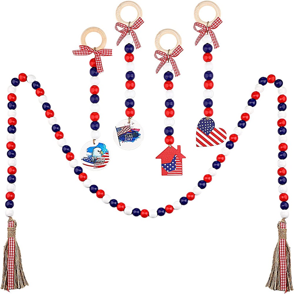 5 Piece Patriotic Independence Day Wooden Bead Wreath with American Flag with Tassel Heart Shaped House Eagle Flag Pendant for 4th of July Memorial Day Decoration Ornaments for Home Decor Tray Decor