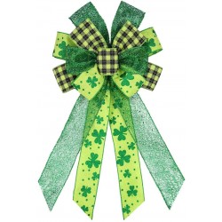ABTOLS Large St. Patrick's Day Wreath Bows Black Green Buffalo Plaid Bows for Wreath Green Glitter Shamrock Bow for Front Door Irish Holiday Hanging Yarn Wreath Bows for Outdoor Fence Party Decor