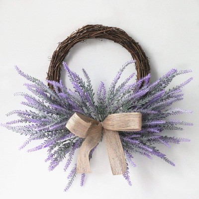 æ—  18inch Artificial Lavender Wreath Silk Lavender Flower Wreath On Twig Base with Burlap Bow Spring and Summer Wreath for Outdoor Or Home Decor Decoration Easter Wreath
