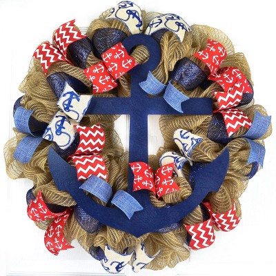Anchor Wreath | Nautical Decor | Jute Burlap Front Door Wreath | Navy Blue Red White