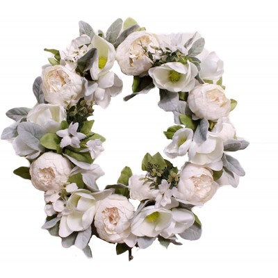 Ansuma 18" Peony Magnolia GrandifloraWreath Artificial Flower Wreath Door Wreath with Green Leaves Spring Wreath for Front Door Wedding Wall Home Decor White