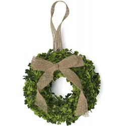 Barnyard Designs 8" Artificial Boxwood Wreath with Burlap Ribbon Decorative Indoor Outdoor Faux Greenery for Front Door Wall or Window Farmhouse Home Décor
