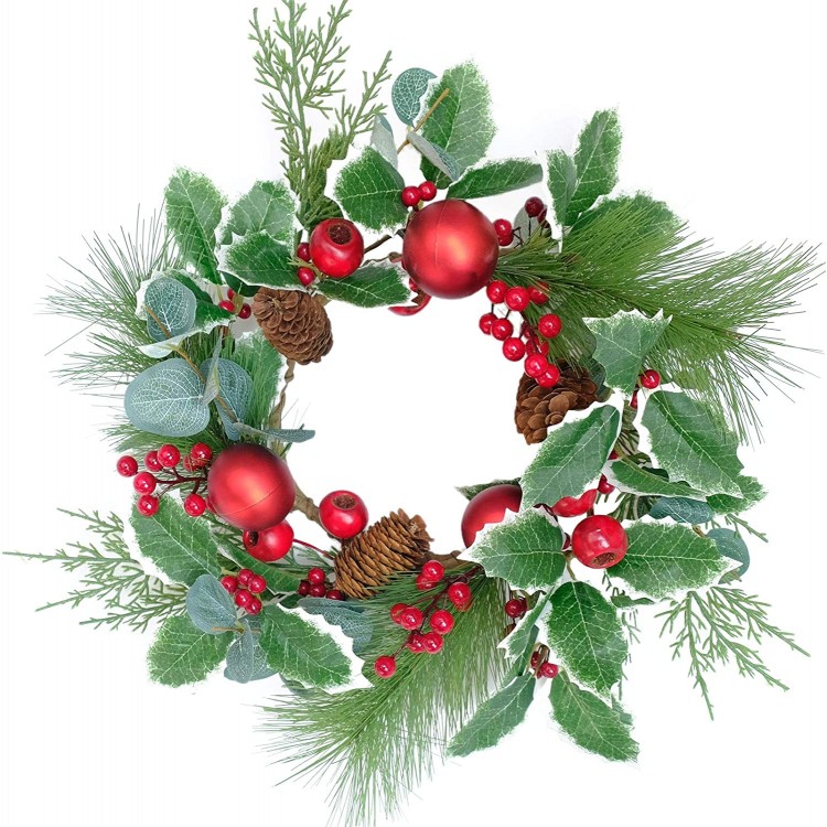 Bibelot Artificial Christmas Wreath with Red Berries Pine Cones Red Balls Decorations Winter Wreath for Front Door Wall Home Decor 14in