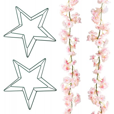 BINBE 4 Pcs 12 Inch Star Metal Wire Wreath Frame with Artificial Cherry Blossom Garland Japanese Cherry Blossom Hanging Vine Silk DIY Star Wreath for Wedding Party Holiday Home Decor