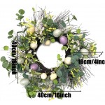 BOIYI 16 Inch Artificial Easter Wreath with White Purple Eggs and Mixed Twigs Flowers Leaves Spring Wreath for Front Door Decor Home Party Farmhouse Holiday Decorations