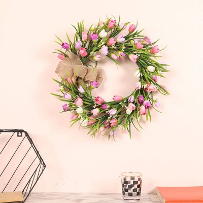 BTPOUY 15.7 Inch Artificial Tulip Flower Wreath Pink Tulip Wreath with Bow for Front Door Tulip Front Door Wreath Spring Summer Floral Wreaths for Indoors Home Decor
