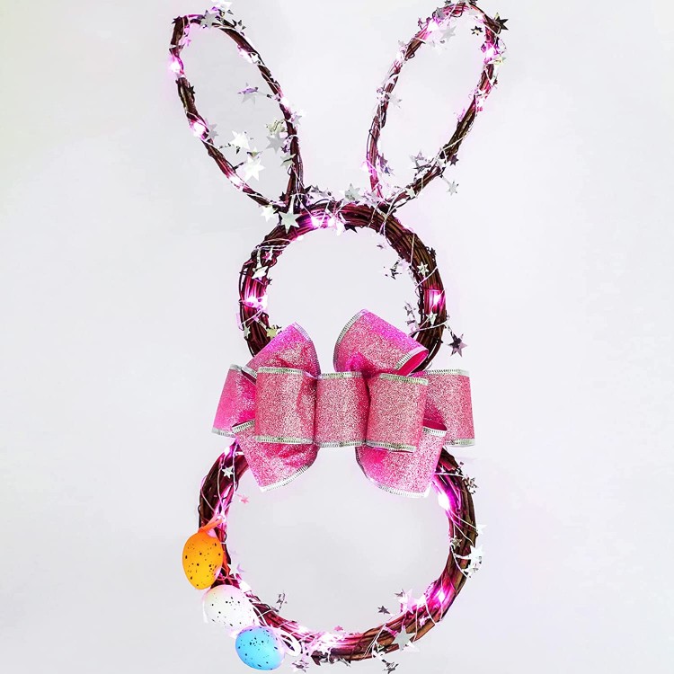 Davsolly 19.5 Inch Pre-lit Easter Hanging Sign Decoration Lighted Easter Bunny Wreath with Rustic Rattan Easter Eggs Pink Bows for Front Door Wall Home Decor Gifts Battery Operated Fold-able