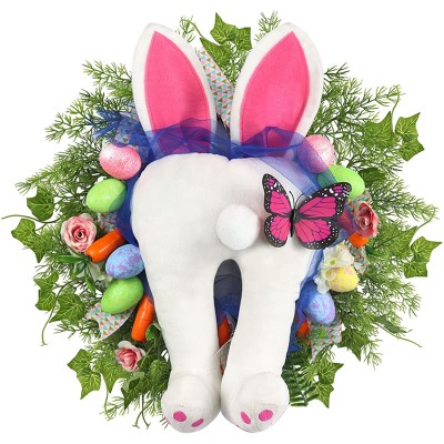 Ditip 20" Easter Bunny Wreath for Front Door Decoration Easter Bunny Ears Butt Plush Legs Colored Eggs Artificial Leaves Spring Flower Ribbon Easter Wreath for Home Holiday Indoor Outdoor Decor