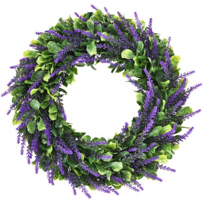 Dolicer Artificial Lavender Wreath Green Leaves Boxwood Wreath with Lavender Wreath Flowers Arrangements Lavender Spring Wreath for Garden Office Wedding Party Wall Table Home Decor,16.5''