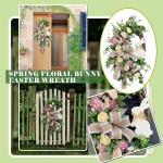 Easter Bunny Wreath Spring Peony Rattan Wreath with Bows Easter Door Wreath with Green Eucalyptus Leaves for Front Door Easter Flower Garland Outdoor Indoor Home Decor Supplies Box Included