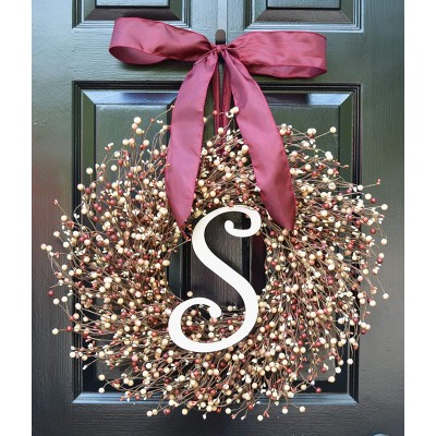 Elegant Holidays Handmade Burgundy Rose Berry Wreath w Bow & Monogram Decorative Front Door to Welcome Guests- Outdoor Indoor Home Accent Décor- for All Seasons Year Round Wreath Fall- 18-24 in.