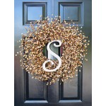 Elegant Holidays Handmade Caramel Berry Wreath w Monogram Decorative Front Door to Welcome Guests-for Outdoor or Indoor Home Wall Accent Décor Great for All Seasons- Fall Year Round Wreath 18-24 in