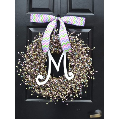 Elegant Holidays Handmade Pastel Berry Wreath w Mono Bow Decorative Front Door Welcome Guests Outdoor Indoor Home Wall Accent Décor Great for Easter and Spring Holidays All Seasons 18-24 inches