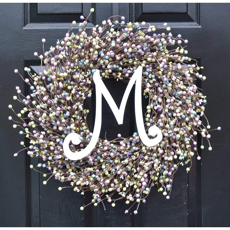 Elegant Holidays Handmade Pastel Berry Wreath w Monogram Decorative Front Door Welcome Guests Outdoor Indoor Home Wall Accent Décor Great for Easter and Spring Holidays All Seasons 18-24 inches
