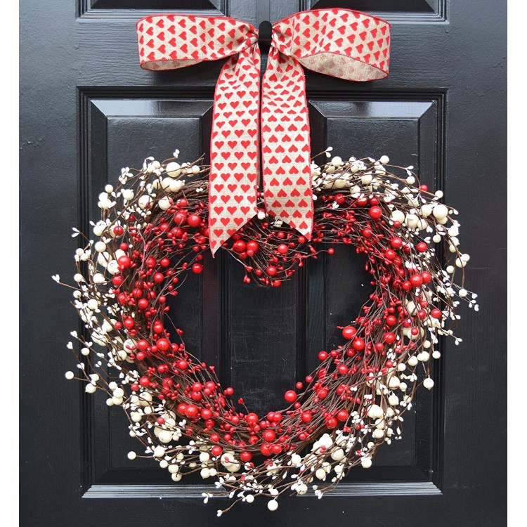 Elegant Holidays Handmade Red & White Berry Heart Shaped Wreath Decorative Front Door to Welcome Guests- for Outdoor Indoor Home Wall Accent Décor- Great for Valentine's Day All Seasons Year Round