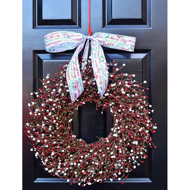 Elegant Holidays Handmade Red Green Cream Berry Wreath w Bow Decorative Front Door to Welcome Guests-for Outdoor or Indoor Home Wall Accent Décor- Great for Christmas Winter Holidays 16-24 inches