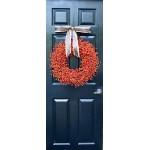 Fall Orange Weatherproof Berry Wreath w Double Bow Decorative Front Door to Welcome Guests-for Outdoor or Indoor Home Wall Accent Décor- Great for Autumn Year Round- 16-24 in.