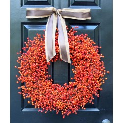 Fall Orange Weatherproof Berry Wreath w Double Bow Decorative Front Door to Welcome Guests-for Outdoor or Indoor Home Wall Accent Décor- Great for Autumn Year Round- 16-24 in.