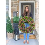 Farmhouse Colorful Cottage Wreath for Front Door 15.8” Colorful Spring Summer Wreath Artificial Flowers Door Wreath Decor with Flower and Green Leaves for Living Room Home Wedding Decor A