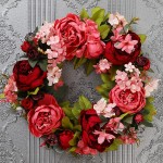 Flueyer 15.7inch Artificial Peony Flower Wreath Handmade Simulation Burgundy Floral Wreath with Green Leaves Door Wreath for Front Door Wall Wedding Party Home Decor