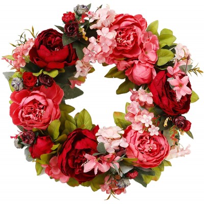 Flueyer 15.7inch Artificial Peony Flower Wreath Handmade Simulation Burgundy Floral Wreath with Green Leaves Door Wreath for Front Door Wall Wedding Party Home Decor