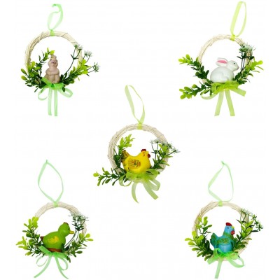 Henfear 5pcs Easter Rattan Wreath 5 Inch Easter Bird Nest Wreath with Bunny Chick Duck and Green Vines Spring Wreaths for Front Door Festival Home Decor