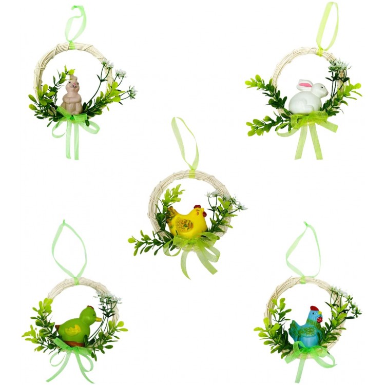 Henfear 5pcs Easter Rattan Wreath 5 Inch Easter Bird Nest Wreath with Bunny Chick Duck and Green Vines Spring Wreaths for Front Door Festival Home Decor