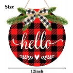 Hrency Welcome Hello Sign for Front Door Hanging Sign Door Wreath Wooden Door Hanger Red and Black Buffalo Check Plaid Xmas Holiday Outdoor Home Decor