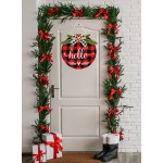 Hrency Welcome Hello Sign for Front Door Hanging Sign Door Wreath Wooden Door Hanger Red and Black Buffalo Check Plaid Xmas Holiday Outdoor Home Decor