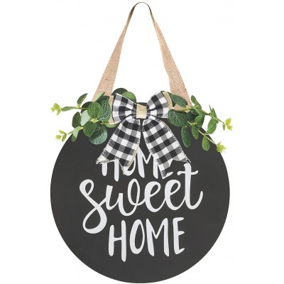 LEJHOME Home Sweet Home Welcome Sign for Front Porch Door Decor Farmhouse Wreath Sign with Greenery and Buffalo Plaid Bow Wreath Door Sign for Housewarming Gift Home Decor Black