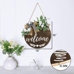 LENYEE Welcome Sign Front Door Wreath Farmhouse Home Decor Porch Door Decorations Hanging Outdoor Hello Sign Rustic Wood Round Wreath with Eucalyptus Leaves Holiday Housewarming Gift Floral-Welcome