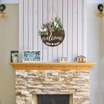 LENYEE Welcome Sign Front Door Wreath Farmhouse Home Decor Porch Door Decorations Hanging Outdoor Hello Sign Rustic Wood Round Wreath with Eucalyptus Leaves Holiday Housewarming Gift Floral-Welcome