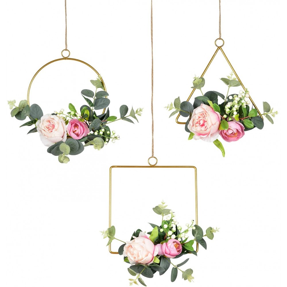 Lvydec Artificial Flower Hoop Wreath Set of 3 Hanging Floral Wall Decor with Silk Roses and Eucalypts Leaves for Wedding Party Nursery Wall Home Decoration