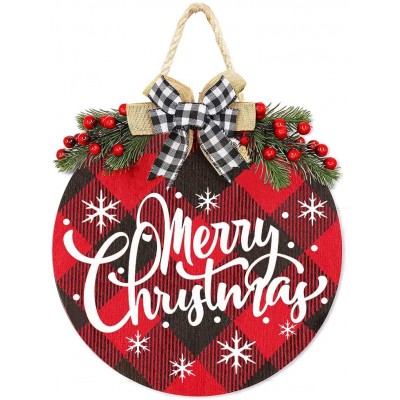 Merry Christmas Decorations Wreath Merry Christmas Buffalo Plaid Hanging Sign Rustic Wooden Holiday Decor for Front Door Porch Home Window Wall Farmhouse Indoor Outdoor Decorations