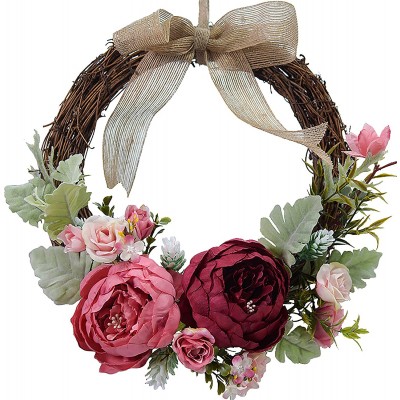 MODUDY Peony Flower Wreath for Front Door,10.2in Half Circle Wreathï¼ŒSpring Garland,Front Door Wreath,Artificial Burgundy Faux Floral Wreath with Green Leaves for Front Door Wall Wedding Home Decor