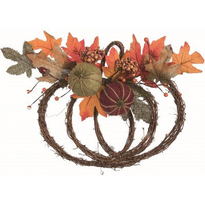 Orchid & Ivy 14-Inch Rustic Twig Pumpkin Wreath with Green and Red Burlap Pumpkins Fall Leaves and Berry Accents Autumn Farmhouse Front Door Decoration Indoor Outdoor Country Harvest Home Decor