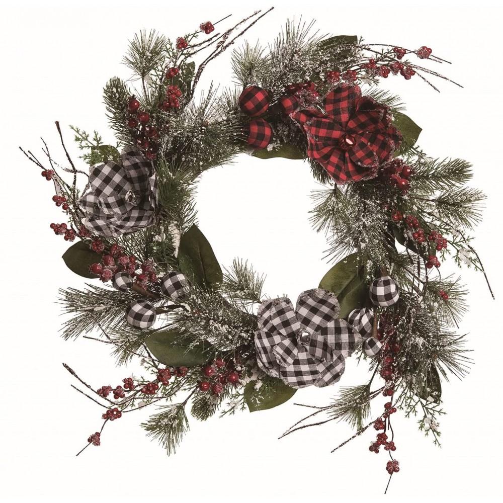Orchid & Ivy 24-Inch Plaid Poinsettia Blossom Christmas Wreath w Buffalo Check Fabric Bows Red Berries – Traditional Festive Winter Front Door Decoration – Rustic Decorative Xmas Holiday Home Decor