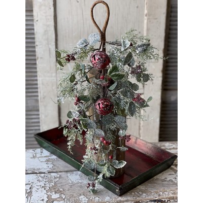 Orchid & Ivy 25-Inch Rustic Elegant Glittered Decorative Faux Eucalyptus Pine Hanging Swag Drop Door Wreath w  Red Metal Bells Berries Country Farmhouse Decoration Christmas Holiday Xmas Home Decor