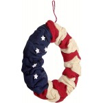 Patriotic Red White and Blue Fabric Flag Wreath with Decorative Stars Festive Home Décor 18.5 Inches