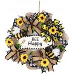 QTDLXFA Burlap Wreath 15 Inches Artificial Sunflower & Bee Happy Sign with Bowknot Spring Summer Autumn Decoration Front Door Wall Window Wreath Rustic Outdoor Home Decor Yellow & Black