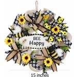 QTDLXFA Burlap Wreath 15 Inches Artificial Sunflower & Bee Happy Sign with Bowknot Spring Summer Autumn Decoration Front Door Wall Window Wreath Rustic Outdoor Home Decor Yellow & Black